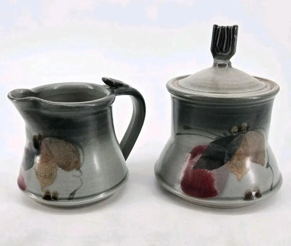 Vintage 80s Carson Studio Pottery Abstract Art Creamer And Sugar Set